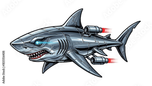 Futuristic robotic shark with glowing eye and rocket boosters ready for underwater action