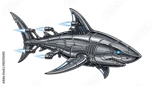Futuristic robotic shark swims with glowing thrusters on a clean white background