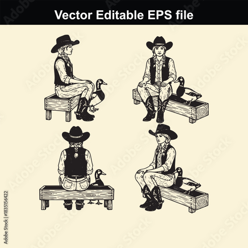 vector illustration set depicting four different poses of a cowboy or cowgirl sitting on a wooden bench next to ducks, presented as an editable eps file