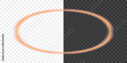 Neon orange glowing oval frame with light effect on transparent and dark backgrounds. Shiny vector border.