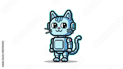 Adorable pixel art robot cat character, perfect for vintage gaming or futuristic designs