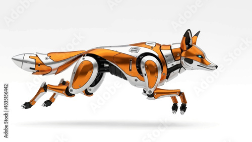 Futuristic robotic fox leaping forward with speed and agility in sleek orange and silver