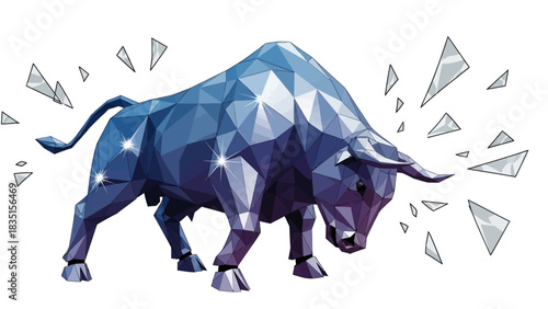 Powerful low polygon bull with shattered glass offers a dynamic modern financial symbol