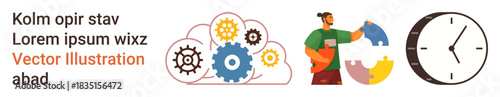 Business solutions, time management, teamwork, problem-solving, task planning, and productivity. Gears in a cloud, person holding puzzle pieces clock. Business solutions and time management ideas