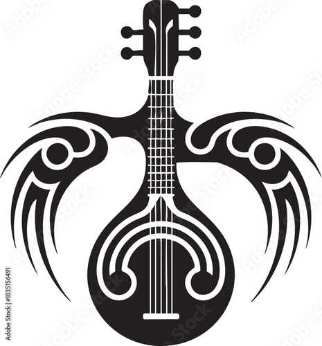 Stylized Mandolin Illustration with Tribal Design Elements