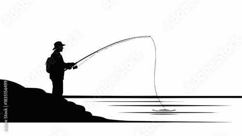 Silhouette of a fisherman casting a line into the water for fishing.