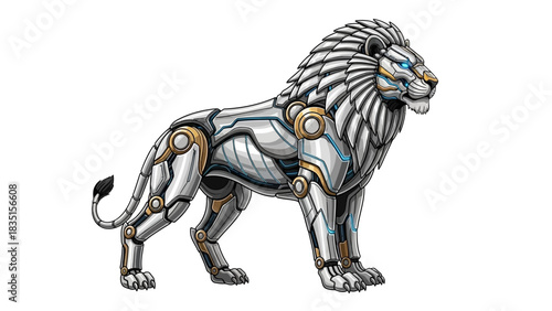 Majestic robotic lion guarding future technology in a captivating digital illustration