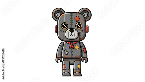 Adorable robotic teddy bear character design with vintage charm and steampunk details