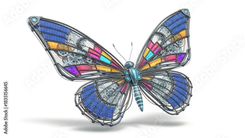 Futuristic steampunk butterfly with solar panels and vibrant colors takes flight