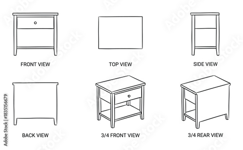 Nightstand views set. Front top side back 3/4 front 3/4 rear hand drawn line art illustration.