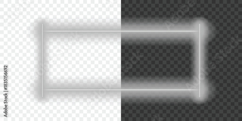 Neon white frame rectangular shape with glowing effect on transparent and dark backgrounds. Shiny vector border.