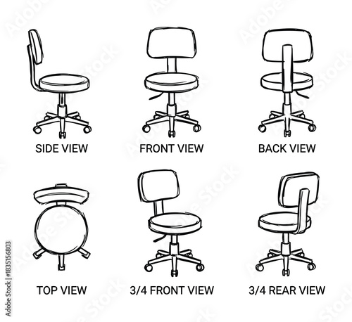 Office chair design perspective. Swivel chair drawing. Various views of furniture. Office furniture sketch.