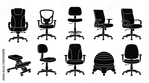 Office chairs collection. Ergonomic, stool, and exercise ball designs. Workspace furniture. Seating options vector.
