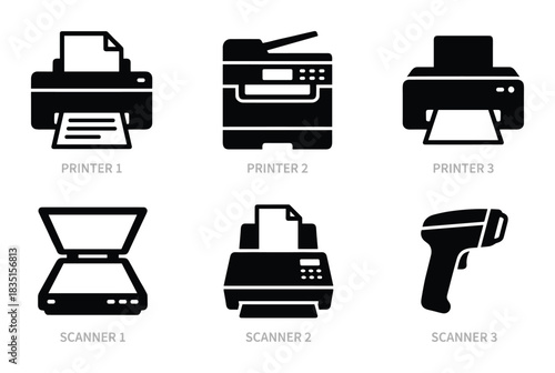 Office electronics icon set. Printer and scanner symbols. Document output and input devices illustration