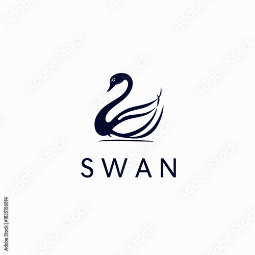 Elegant minimalist swan logo icon design. Graceful black bird silhouette symbol, representing beauty and nature on a clean white background.