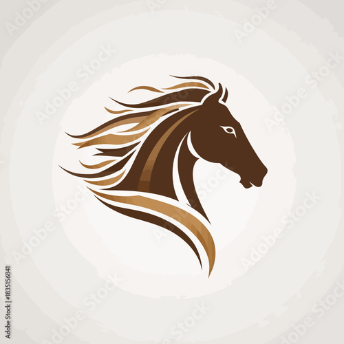 Stylized brown horse head illustration with flowing mane, elegant equine graphic profile. Modern animal design vector for emblem or logo.