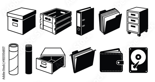 Office storage icons. Boxes, wooden crate, ring binder, folder, filing cabinet, and hard drive.