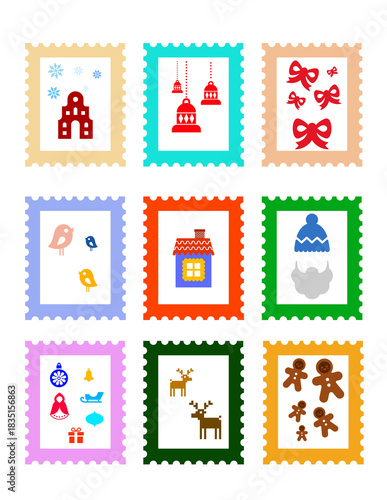 Set of Colorful Christmas Postage Stamps – Holiday Icons, Winter Decorations, Vector Illustration