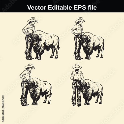 vector editable eps file featuring four different poses of a cowboy standing next to a bison or buffalo in a vintage black and white illustration style