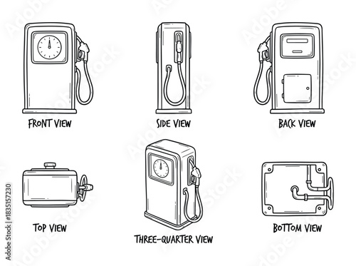 Outline drawing set of gas pump showing different views front side back top three quarter and bottom views.