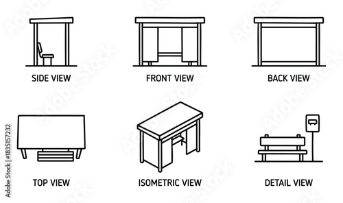Outline drawing set of bus stop shelter showing different views side front back top isometric and detail.