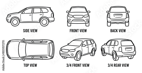 Outline drawing set of SUV car showing different views side front back top and three quarter views.