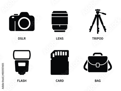 Photography equipment icons, DSLR, lens, tripod, flash, card, bag, camera accessories