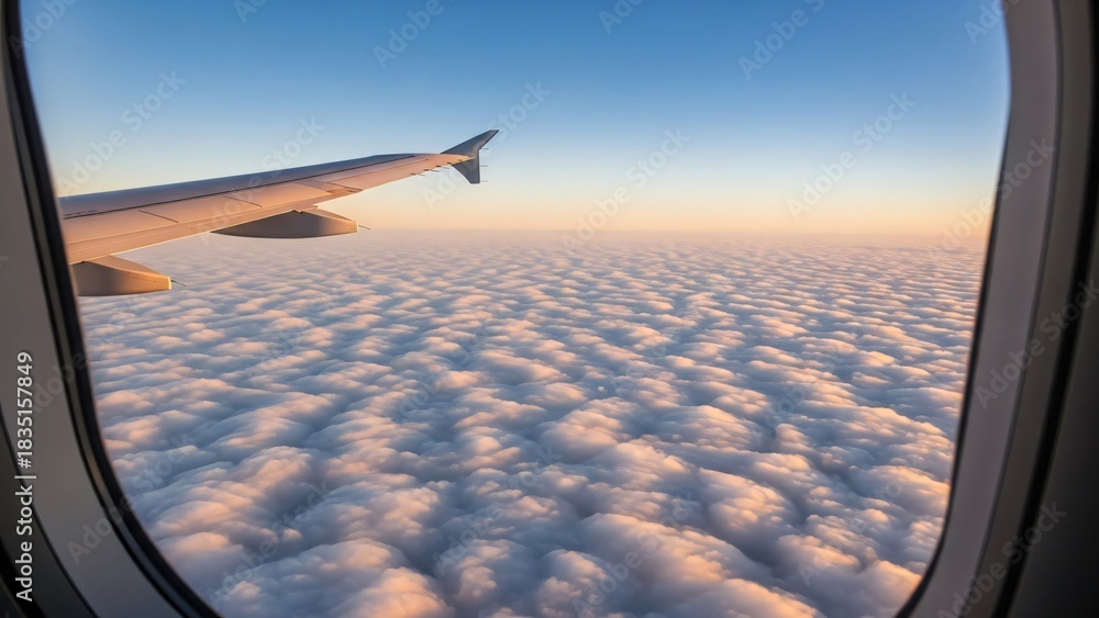 Obraz premium Stunning view of clouds and an airplane wing from a window during golden hour.
