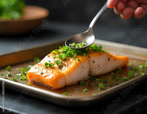 A person is putting a spoonful of food on a piece of fish