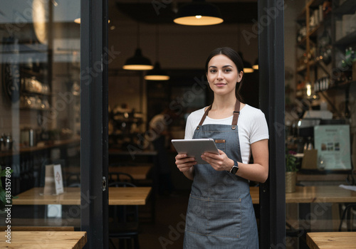 A woman wearing a blue shirt and apron stands in front of a restaurant with a tablet in her hand