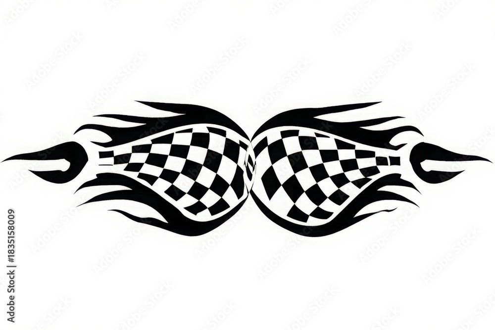 Fototapeta premium Aggressive racing tattoo, Tribal flame and checkered flag graphic element for racing and speed