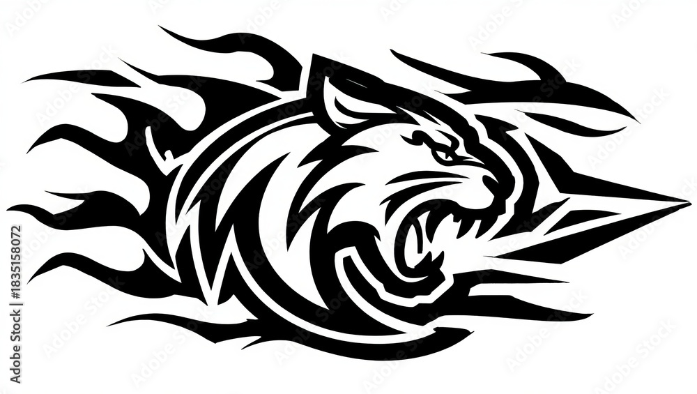 Fototapeta premium Aggressive Fierce tribal tiger head tattoo roaring with flame accents for vehicles