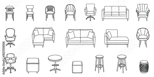 Assorted Furniture Line Art Collection: Minimalist Furniture Sketches for Interior Design, Architectural Drawings, and Modern Home Decor Projects. 