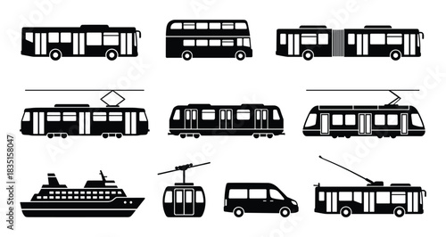 Public transportation vehicle set. Bus, tram, ferry, and train silhouettes for city travel.