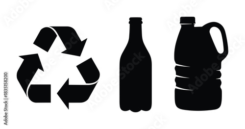 Recycle symbol bottle and gallon icons set. Environmental protection. Plastic waste. Black vector illustrations.