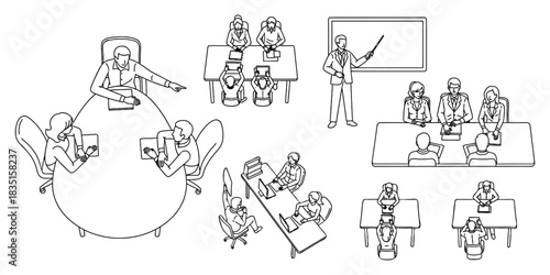 Meeting Illustrations Collection Linear Style People. Discussing Business at Conference. Table Round, Table Rectangular, Table Presenting on Whiteboard, and Communicating.