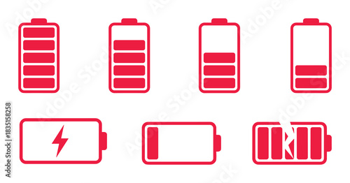 Red battery icons. Different charge levels. Low power symbol. Charging indicator. Damaged energy source.