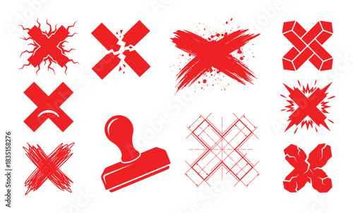 Red cross mark icons. Wrong, error, and delete symbols. Prohibition and cancellation signs. Reject graphic elements.