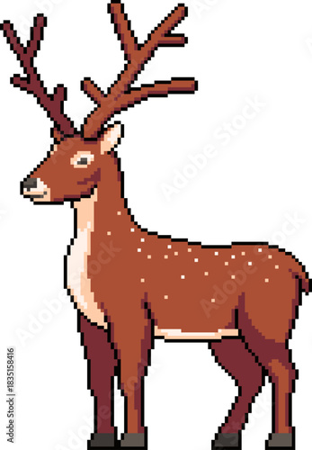 Pixel art deer standing with antlers, 8-bit style vector illustration
