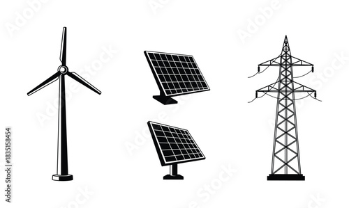 Renewable energy icons. Wind turbine, solar panels, and electricity pylon vector. Green energy sources and power grid infrastructure.