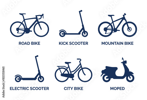 Road bike, kick scooter, mountain bike, electric scooter, city bike, moped transport options