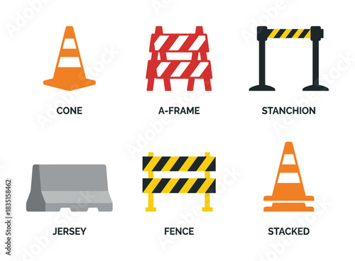Road barrier icon set. Cone, a-frame, stanchion, jersey, fence, and stacked cones. Traffic control objects.