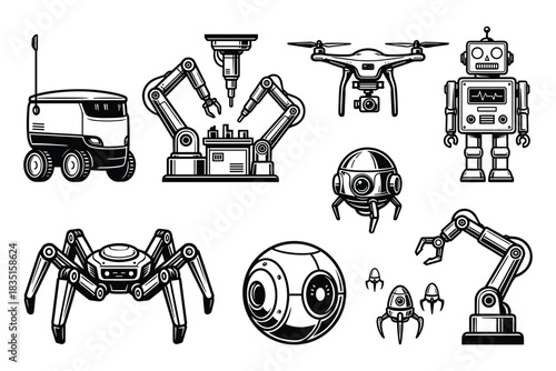 Robotic machines and devices for automation and technological innovation. Modern technology icons.