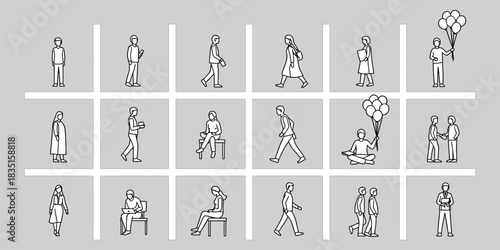 People in Boxes Line Art Drawings Vector Illustration Set. Men and Women Characters in Various Poses, Outline Style Isolated Design Elements for Graphics.
