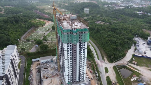 Aerial Crane Construction Site Tower Blocks Housing Development Urbanization Project.