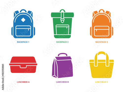 School and lunch bags vector illustration. Backpack lunchbox school accessories student supplies collection.