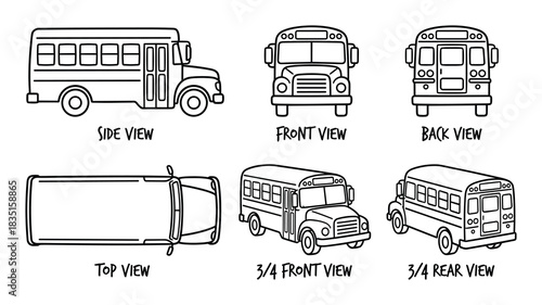 School bus in different perspectives. Detailed outlines of a public transport vehicle. Viewpoint set.