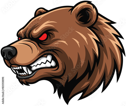Aggressive roaring bear mascot head vector illustration for sports logo, wildlife branding, fierce animal emblem, predator graphic design