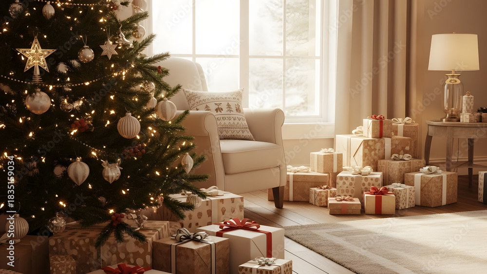 Obraz premium Cozy Christmas Morning Gifts Under Sparkling Tree