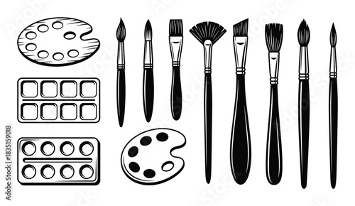 Selection of art and painting tools. Including various palettes and diverse artist brushes.